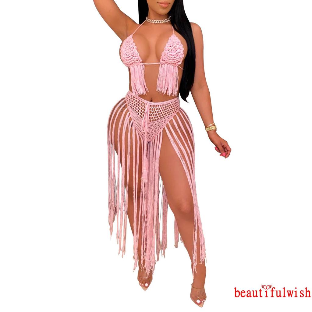 Bộ bikini đan len + quần lót tua rua dài thời trang đi biển mùa hè cho nữ
 | BigBuy360 - bigbuy360.vn