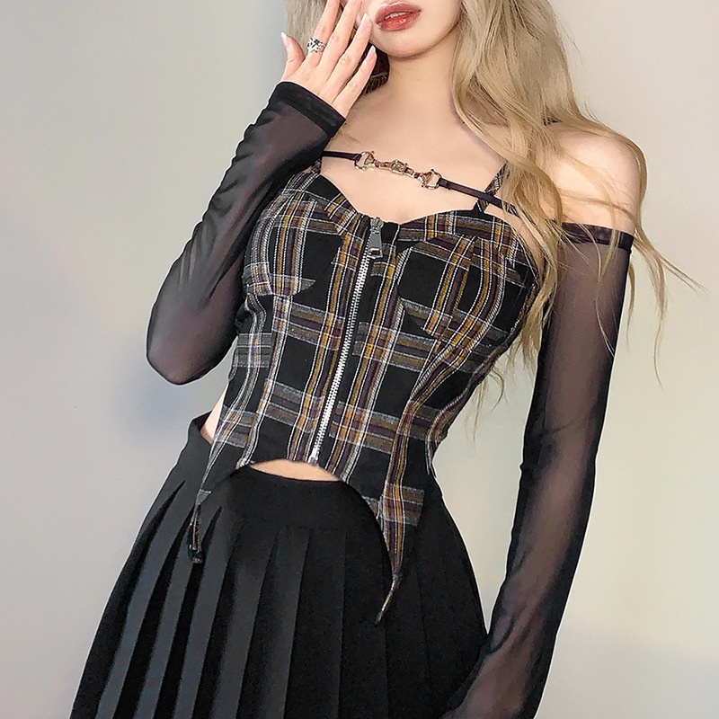 Áo Tank Top Dây Khóa Kéo Họa Tiết Kẻ Ô Thời Trang Dành Cho Nữ