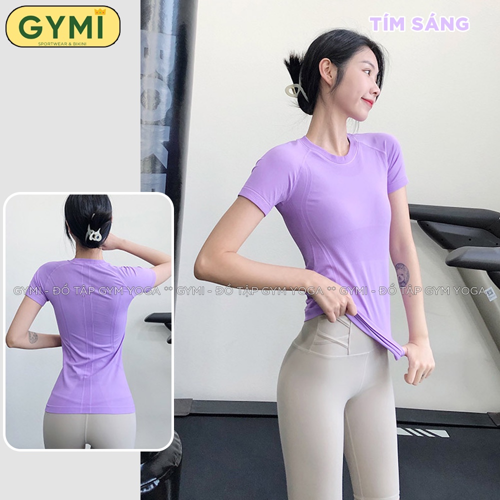 Áo tập gym yoga nữ GYMI AC28 dáng ngắn tay cạp dài phủ bụng chất dệt kim thể thao co giãn thấm hút