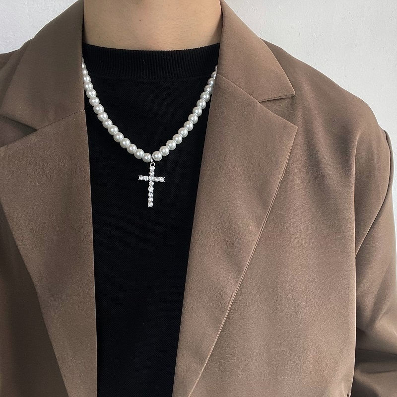 Vòng cổ Chuỗi Ngọc Trai Mặt Thánh Giá Phong Cách Punk Thời Trang Cho Nam Và Nữ