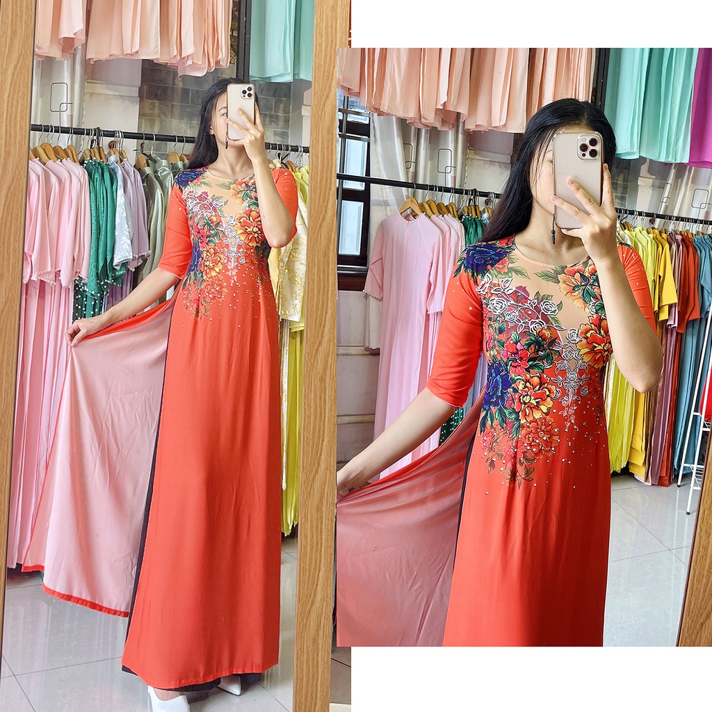 Áo dài cam lửa in họa tiết hoa cực đẹp - Áo dài đen hoa cổ điển