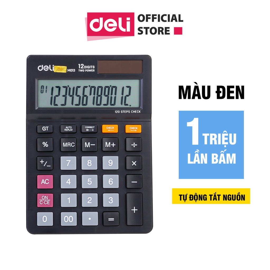 Máy tính cầm tay để bàn Deli - Màn hình LCD, sử dụng pin mặt trời - Đen - 1 chiếc - EM01320