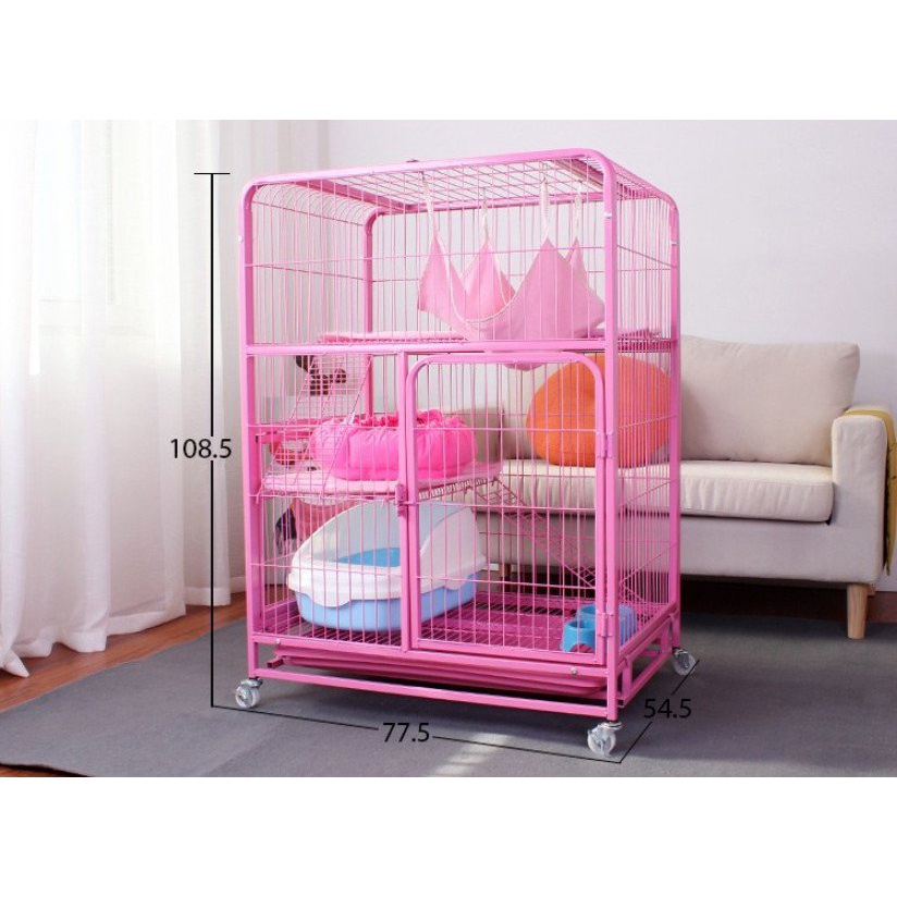 CHUỒNG MÈO 2 TẦNG LƯỚI SẮT DẠNG NAN ỐNG SƠN TĨNH ĐIỆN CÓ BÁNH XE