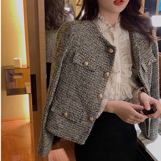 Áo khoác dạ tweed nữ (Họa tiết đen trắng khuy đẹp) • 2ENDSHOP