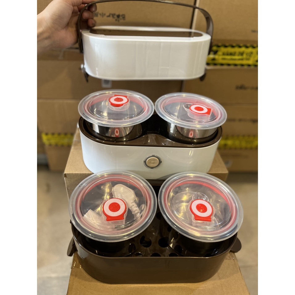 Hộp cơm cắm điện hâm nóng nấu chín thức ăn kèm túi đựng đũa thìa inox trọn bộ