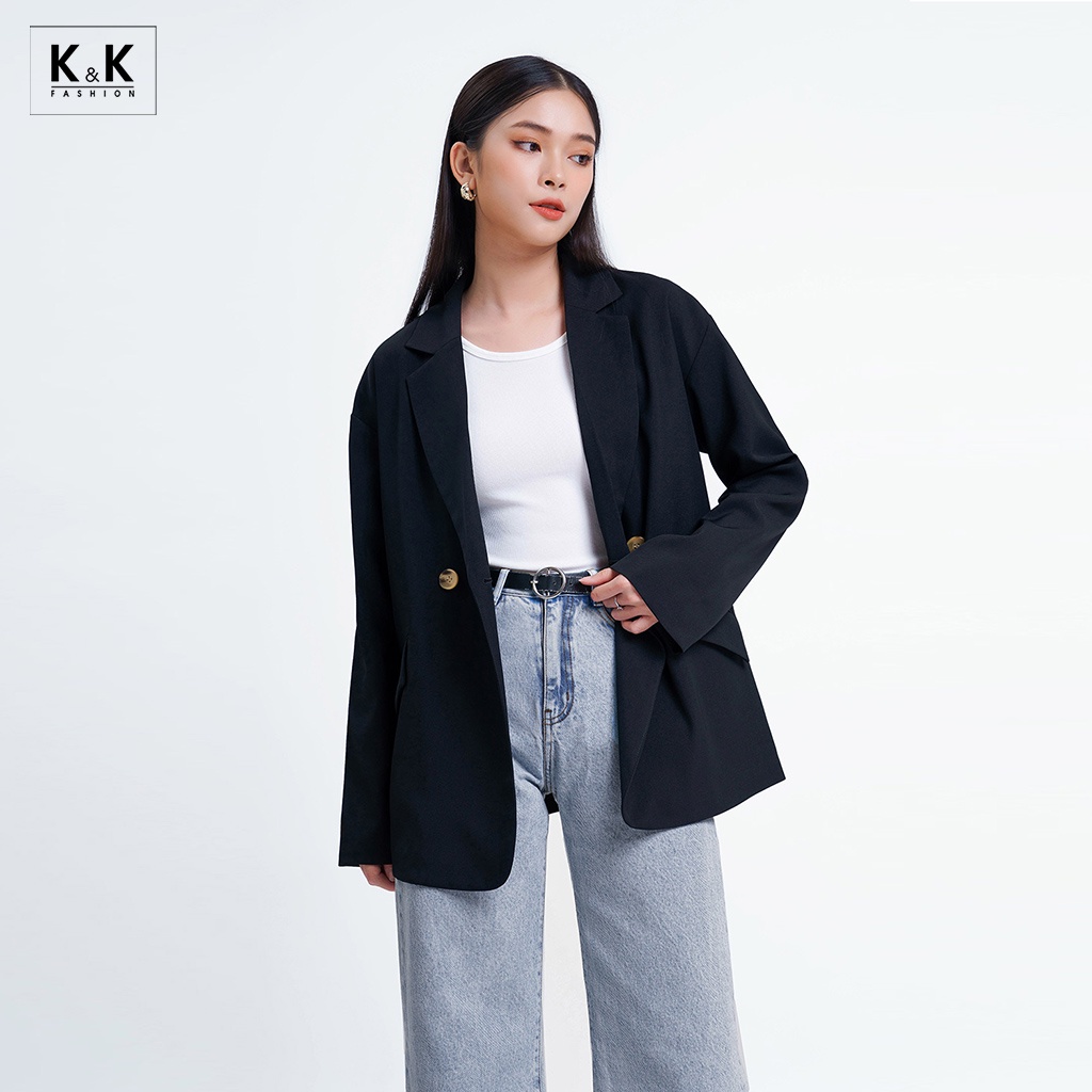 Áo Khoác Blazer 2 Lớp Túi Đắp Xéo K&amp;K Fashion AK10-25 Đen Tay Dài Chất Liệu For Hàn