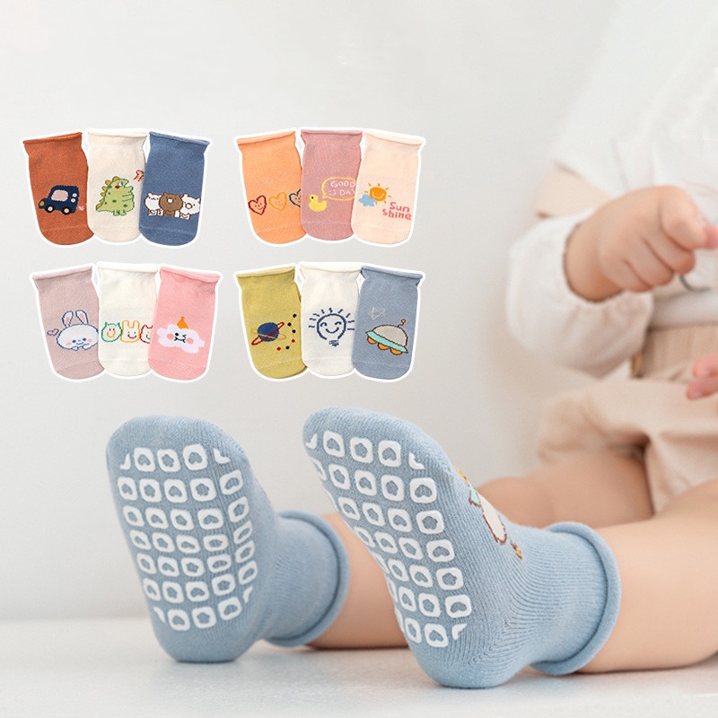 Set 3 Đôi Vớ Cotton Mềm Chống Trượt Hình Khủng Long Cho Bé Sơ Sinh 0-5 Tuổi