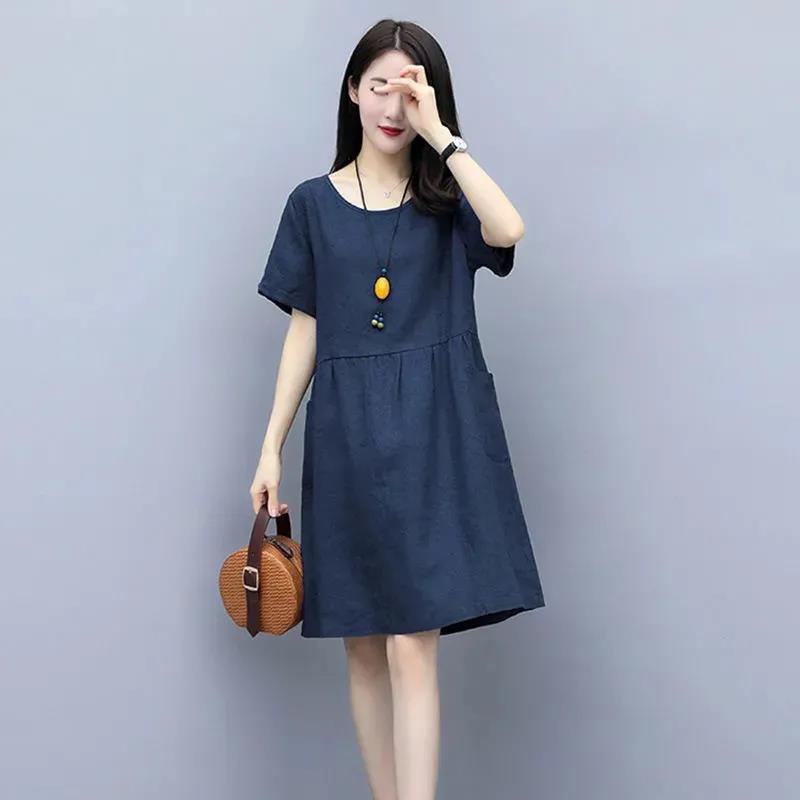 Đầm Tay Ngắn Dáng Rộng Chất Liệu Cotton Lanh Thiết Kế Mới Thoải Mái Thời Trang Cho Nữ