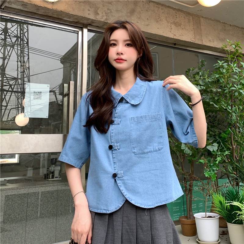 Áo Sơ Mi denim Tay Ngắn Dáng Rộng Phong Cách Hàn Quốc Cổ Điển Thời Trang Cho Nữ
