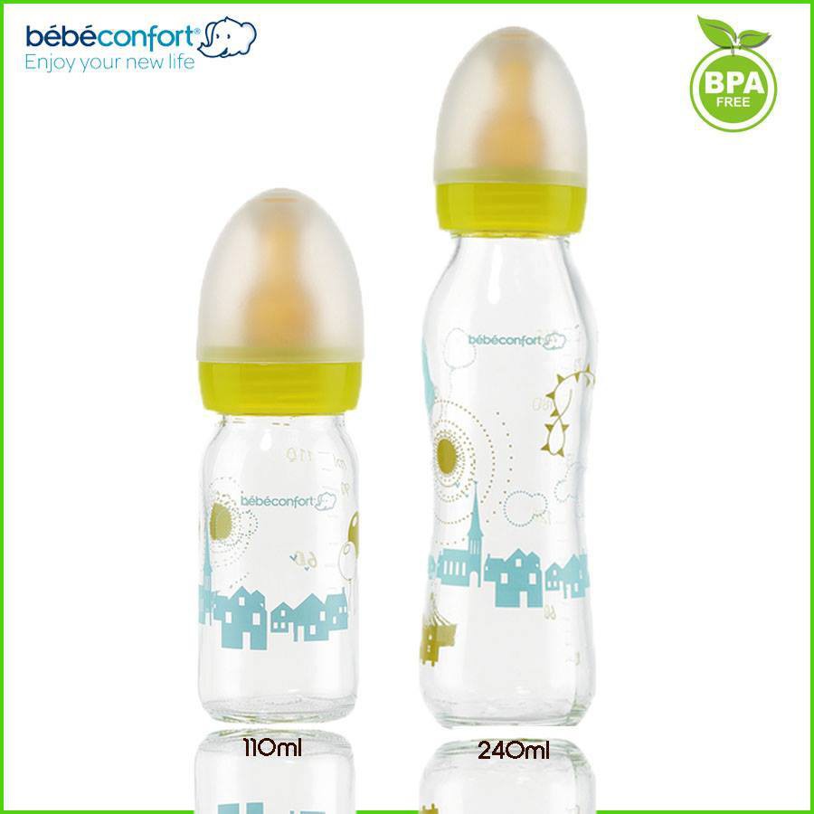 Bình sữa cho bé sơ sinh chống sặc thủy tinh cổ hẹp Bebeconfort nhập khẩu an toàn khó bám bẩn và mùi