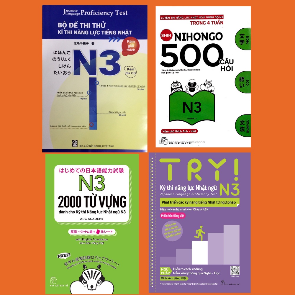 Sách tiếng Nhật - Combo Luyện thi N3 (Try N3, 500 câu hỏi N3, Tango N3, Bộ đề thi thử N3)