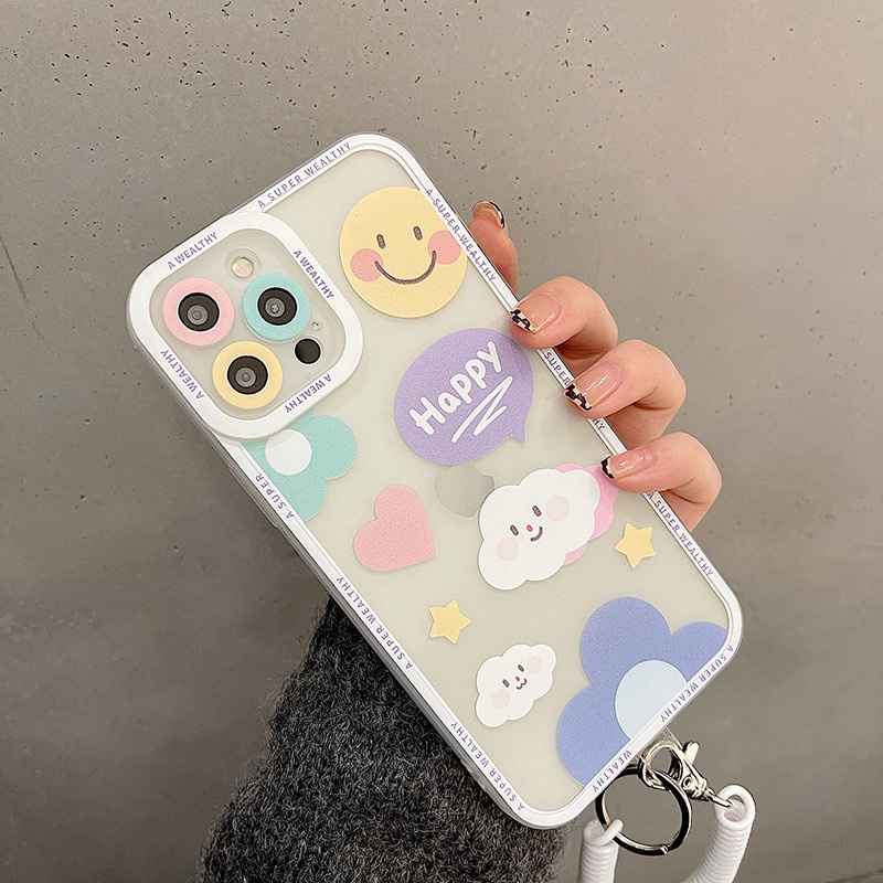 𝐂𝐨́ 𝐬𝐚̆̃𝐧 𝐜𝐡𝐨 𝐢𝐏𝐡𝐨𝐧𝐞 𝟏𝟑 Ốp mây Happy cute cạnh vuông chắc tay, không kèm móc lò xo