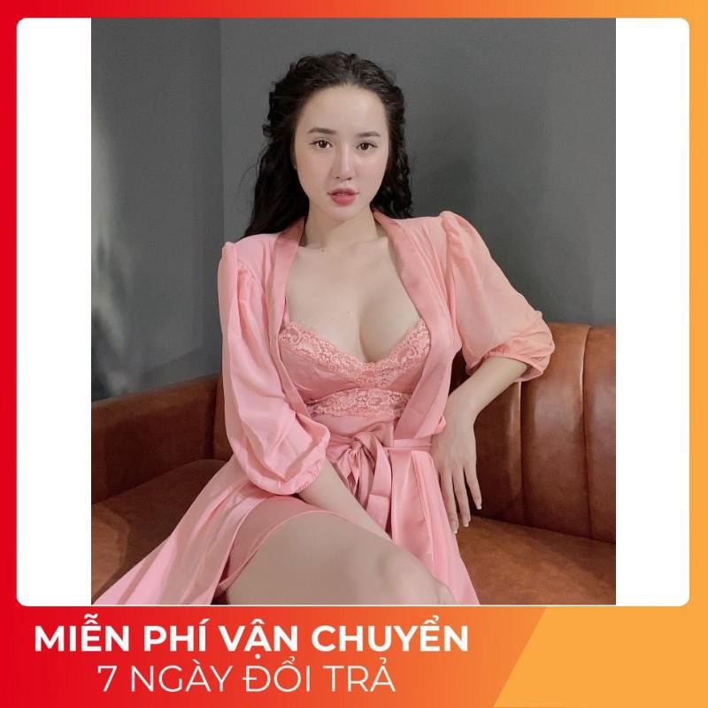 Đầm Ngủ Nữ, Váy Ngủ Sexy Kèm Áo Choàng Vải Satin Chất Siêu Mát Dáng Siêu Xinh SETCHOANG