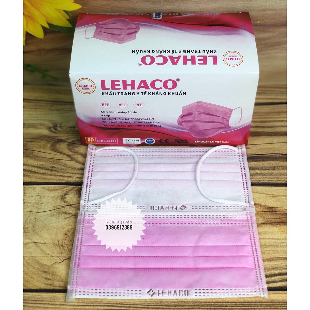 Khẩu Trang Kháng Khuẩn Màu HỒNG 4 lớp 50 cái/ hộp - Khẩu Trang y tế Lehaco Kháng Khuẩn