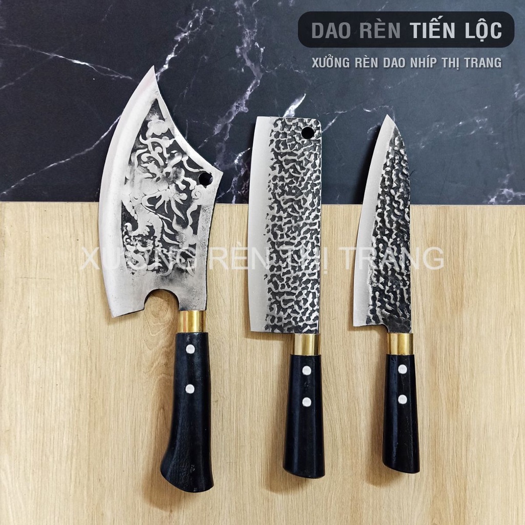 Bộ Dao Làm Bếp Thép Nhíp Dập Vân 2 Mặt, Dao Chặt Cây, Chặt Xương, Thái Lọc