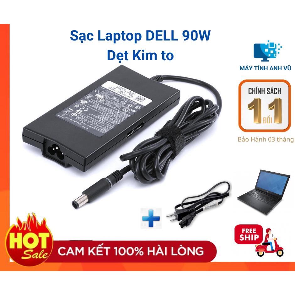 [Mã ELHACE giảm 4% đơn 300K] Xạc laptop Dell 90w chân kim to loại dẹt có đèn báo màu xanh đầu giắc cắm