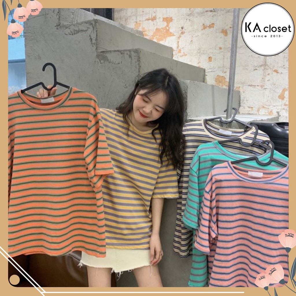 🆕 Áo thun kẻ 5d KA Closet chất thun mềm mát in 5d không nhòe,5 màu from thụng, tay lỡ hot