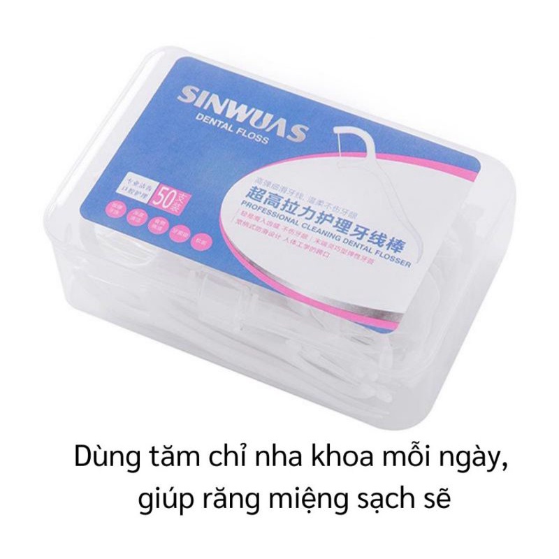 Hộp 50 tăm xỉa răng SinWuas, làm sạch răng, loại bỏ mảng bám thức ăn hiêu quả