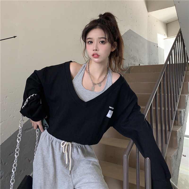 COZOK Áo sweater tay dài dáng rộng giả hai lớp thời trang Hàn Quốc