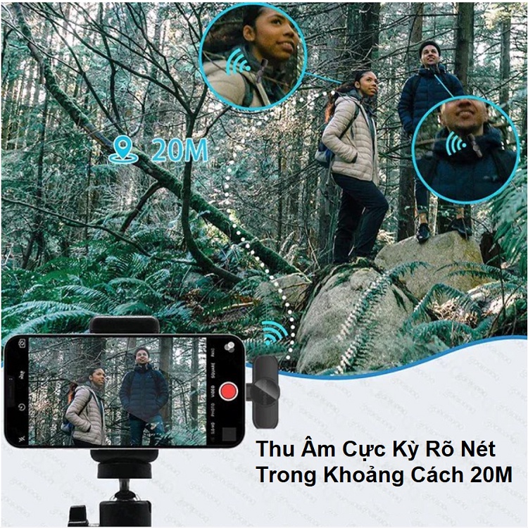 Micro Cài Ve Áo Không Dây, Mic Lọc Tiếng Ồn, Thu Xa 20M, Dùng Cho Điện Thoại Android/IOS - Làm Livestream - Quay Vlog