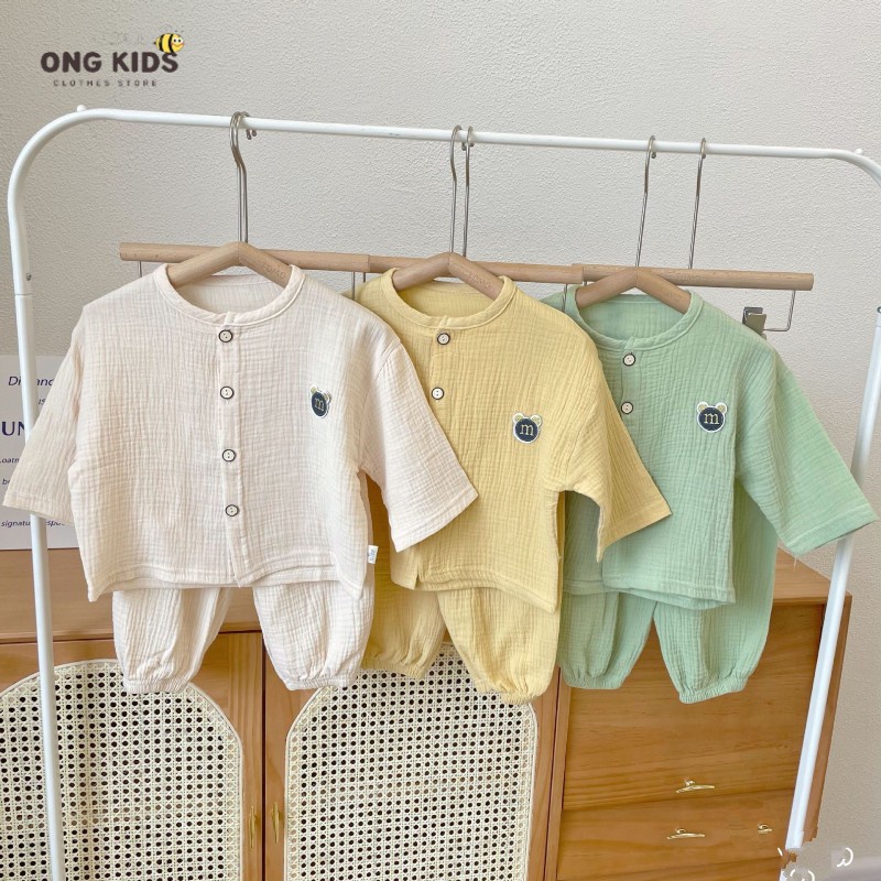 Set quần áo sơ sinh vải xô Muslin trơn tay lỡ 3 màu Hàn Quốc, Bộ quần áo bé trai và bé gái cá tính mềm mại thoáng mát