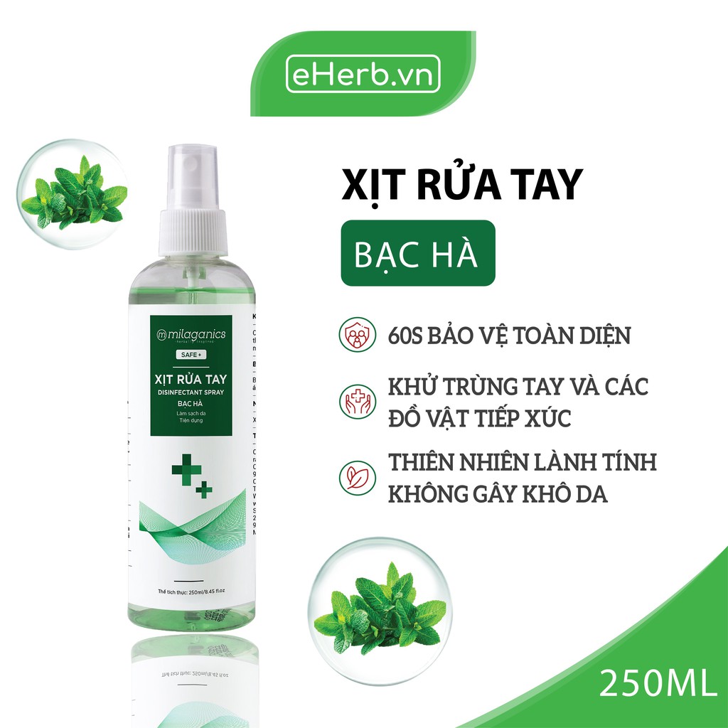 Nước Rửa Tay Khô Bạc Hà Làm Sạch Vượt Trội, X3 Dưỡng Ẩm Không Gây Khô Da MILAGANICS 250ml (Chai)