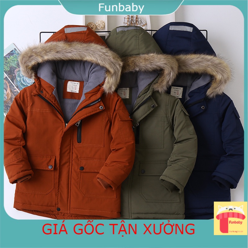 Áo khoác trẻ em bé trai lót nỉ 5-14 tuổi xuất khẩu túi hộp mũ vành lông, Áo Parka cho bé khỏe khoắn thời trang