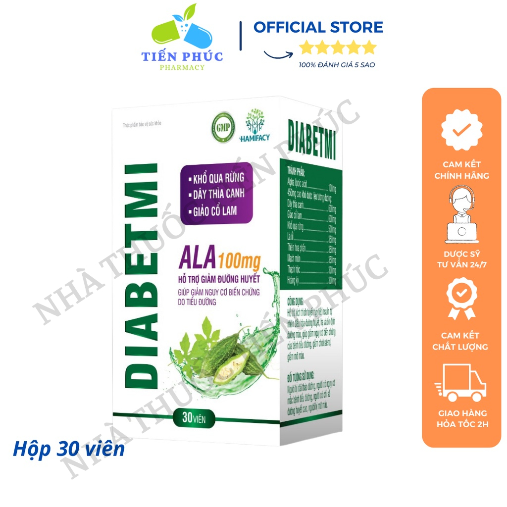 DIABETMI -Hạ và ổn định đường huyết, ngăn ngừa biến chứng tiểu đường- Chiết xuất từ dây thìa canh chuẩn hóa HỘP 30 VIÊN