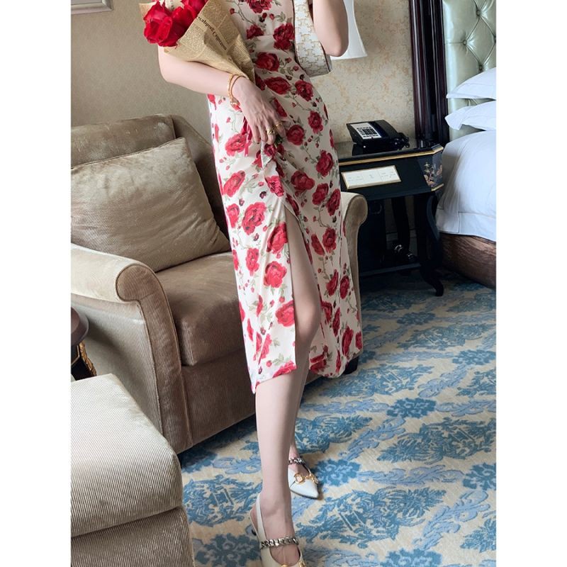 Đầm Ôm Eo Xẻ Tà In Họa Tiết Hoa Hồng Lãng Mạn Mùa Hè Mới 2021