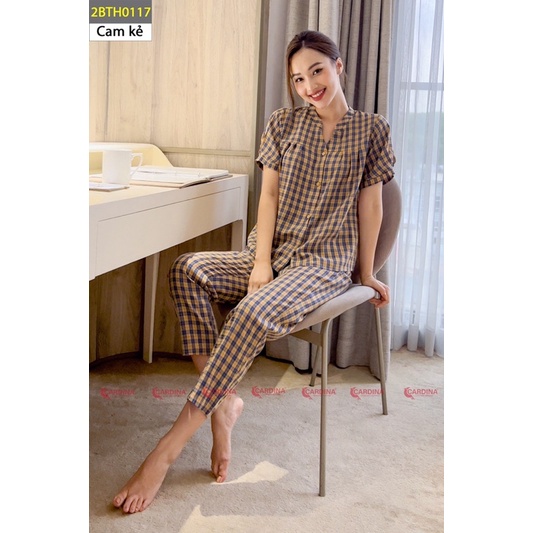 Đồ bộ nữ CARDINA 4 màu kẻ chất thô nhật cao cấp áo cổ tàu tay phồng quần dài thoáng mát nhẹ nhàng 2BTH01
