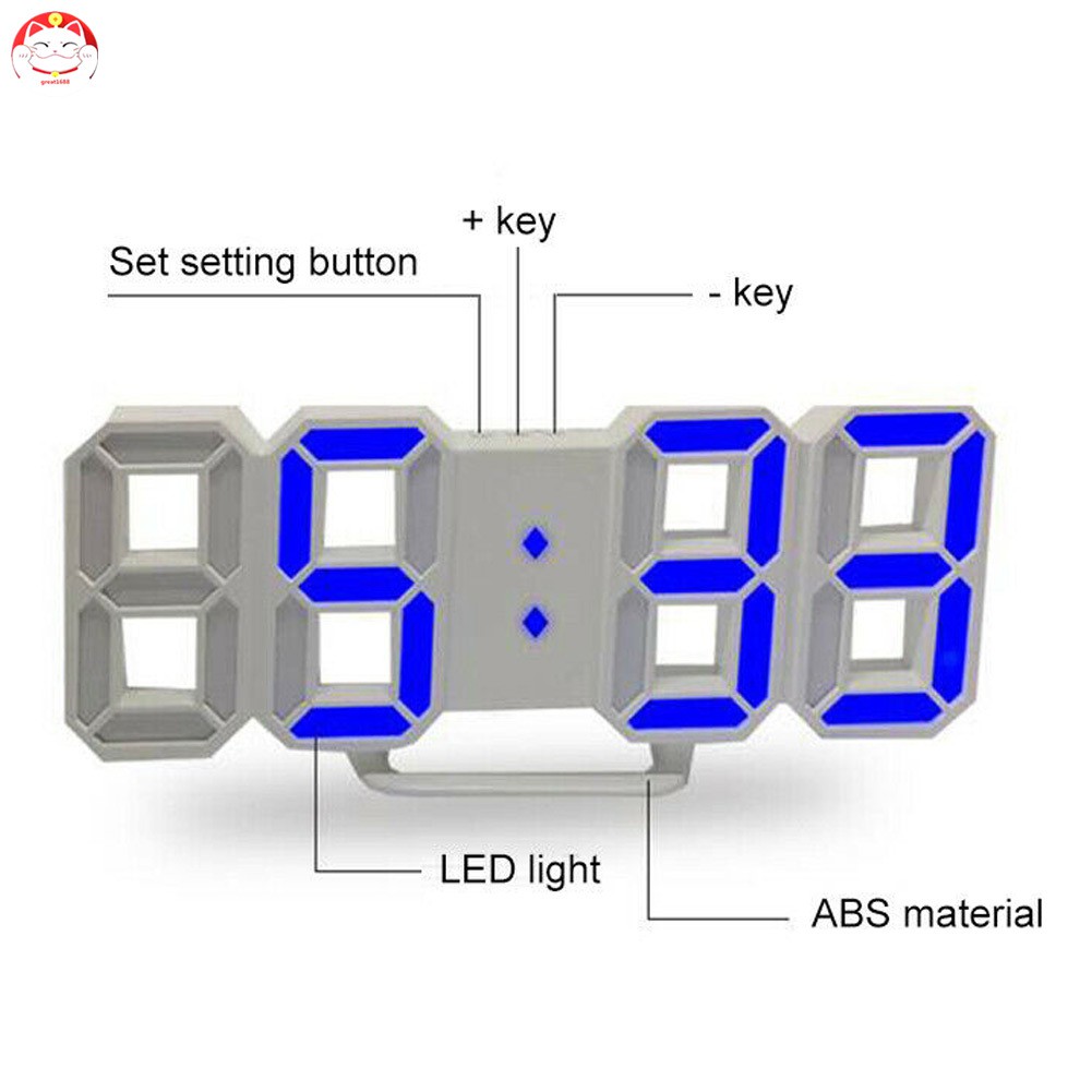 ✂GT⁂ Modern Digital 3D LED Wall Clock Alarm Clock Snooze 12/24H Display USB Charging