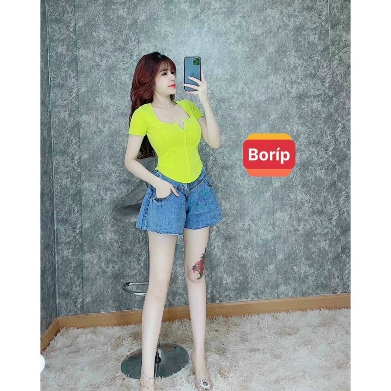Áo croprop gân tay ngắn vạt yếm