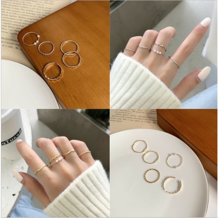 📛 RẺ VÔ ĐỊCH 📛 BỘ NHẪN GỒM 5 CHIẾC CÓ GẮN NGỌC TRẮNG PHONG CÁCH HÀN QUỐC