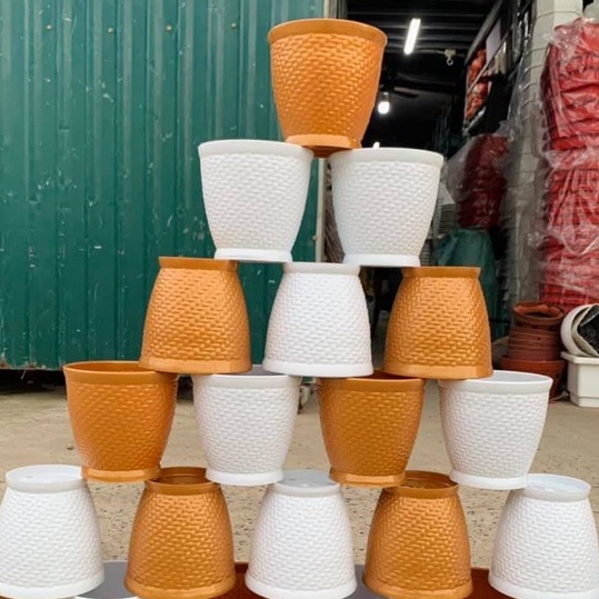 Chậu nhựa tròn đan mây T13 giả sứ siêu xinh_Chậu thúng Đan mây trồng hoa kiểng