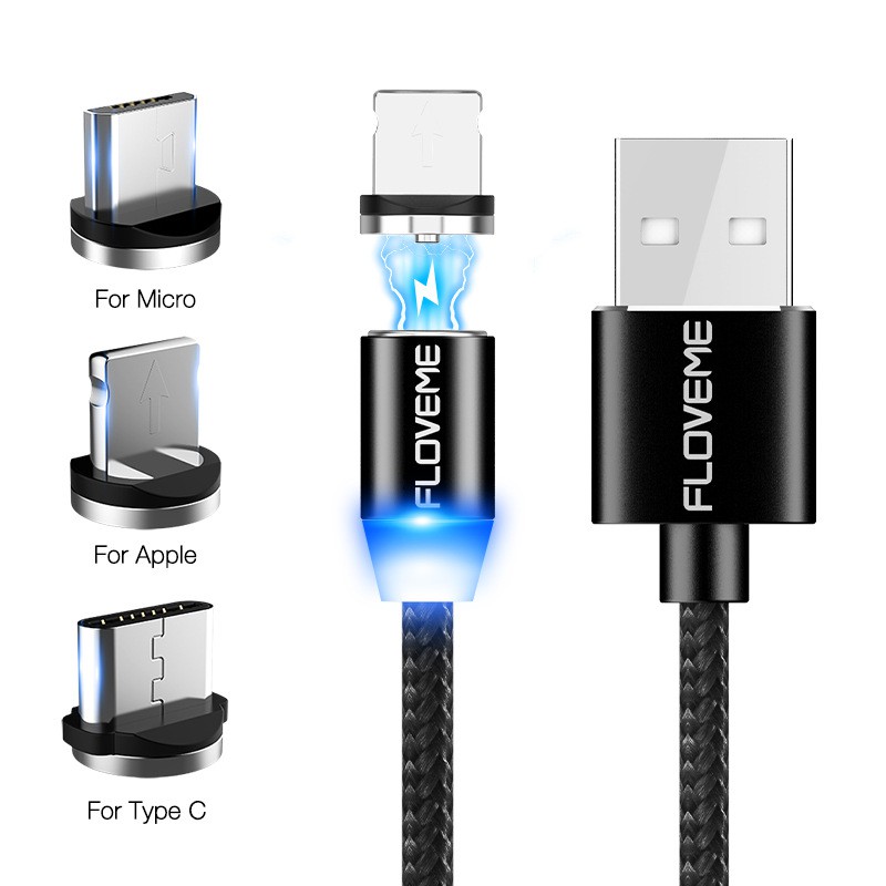 OM Cáp sạc từ hút nam châm đầu Iphone | micro USB | Type C xoay 360 độ dây dù,có LED cao cấp