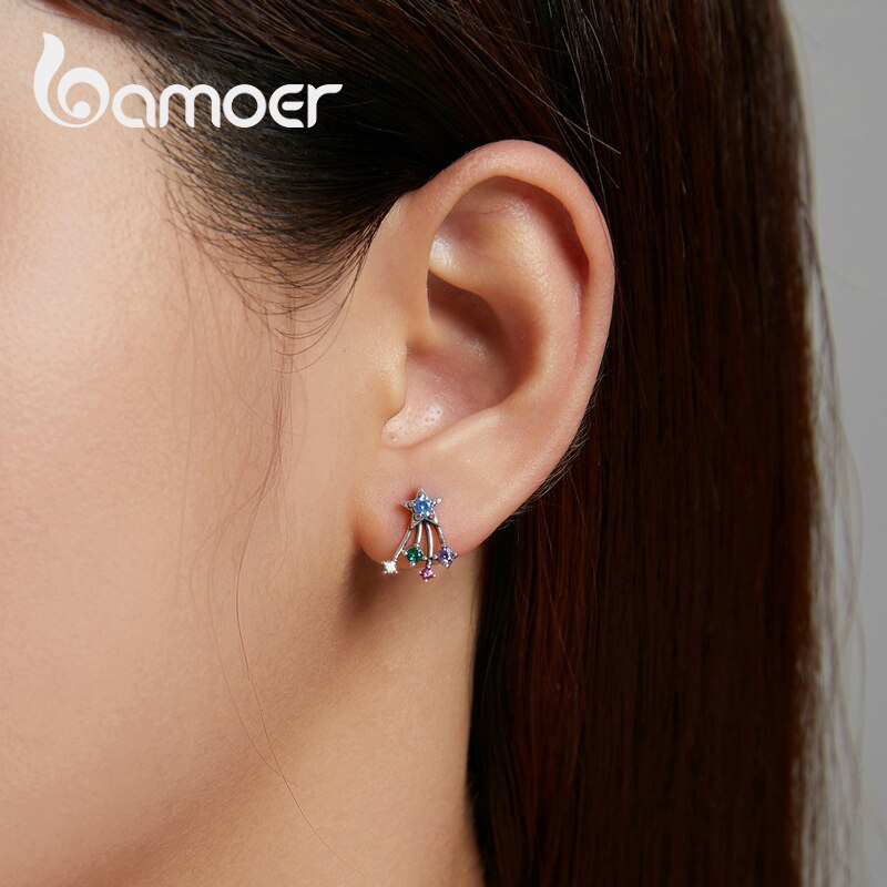 Hoa tai Bamoer BSE528 bạc sterling 925 họa tiết trái tim zircon màu cầu vồng lấp lánh thời trang cho nữ không gây dị ứng