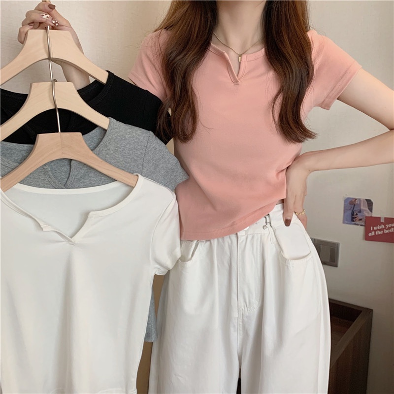 Áo Thun Croptop Tay Ngắn Màu Sắc Đơn Giản Phong Cách Hàn Quốc Cho Nữ
