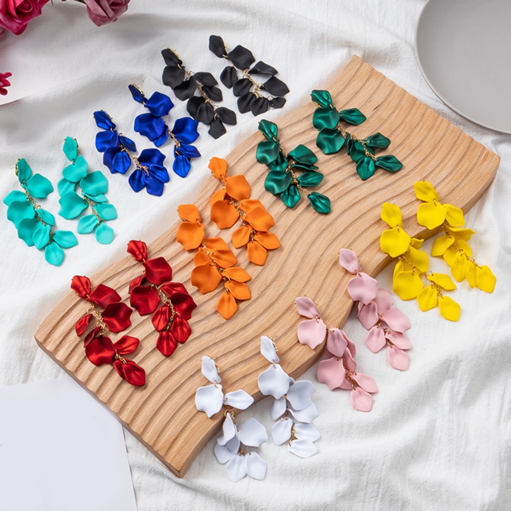 1 Đôi Bông Tai Hình Cánh Hoa Hồng Dáng Dài Đính Đá Thời Trang Cho Nữ