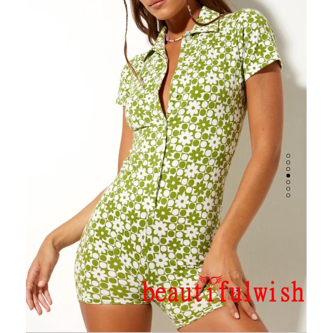 ☆Uq☆Bộ Áo Liền Quần Cổ Bẻ In Họa Tiết Hoa Và Kẻ Ô Màu Xanh Lá Dành Cho Nữ Size S/ M/ L/ XL | BigBuy360 - bigbuy360.vn