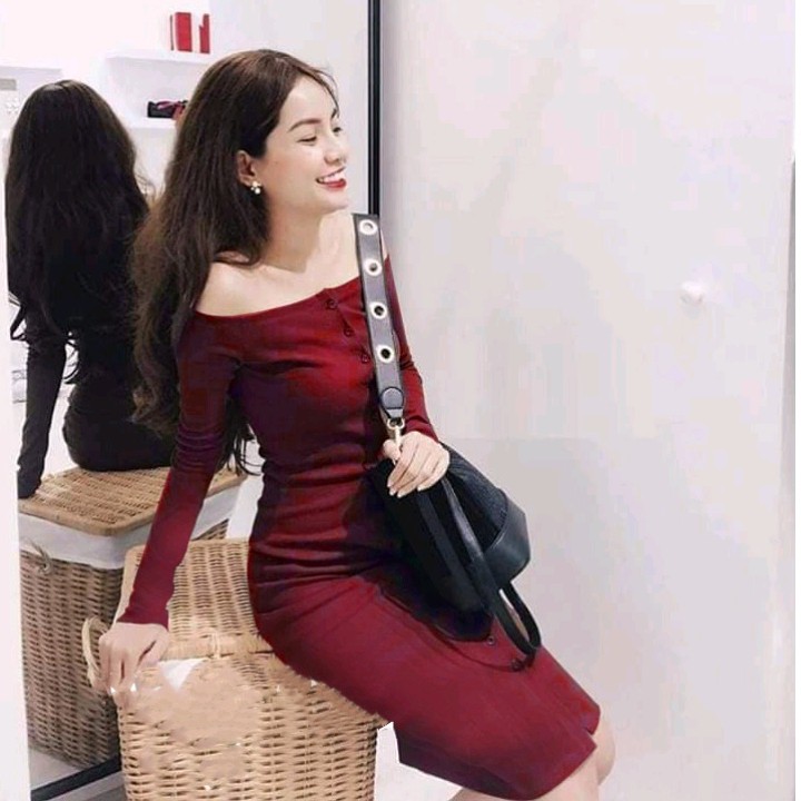 LH03 - Đầm Body Trễ Vai Tay Dài Nút Giữa | BigBuy360 - bigbuy360.vn