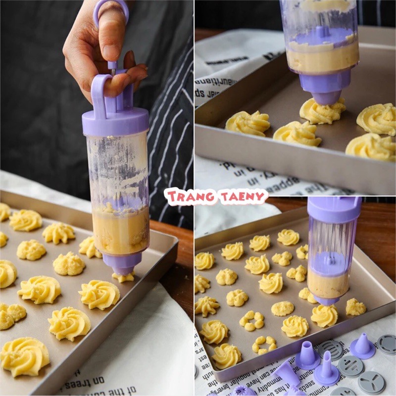 Bộ nhấn bánh quy Cookies Press nhựa tím (10 mặt nhấn + 8 đui bắt kem)