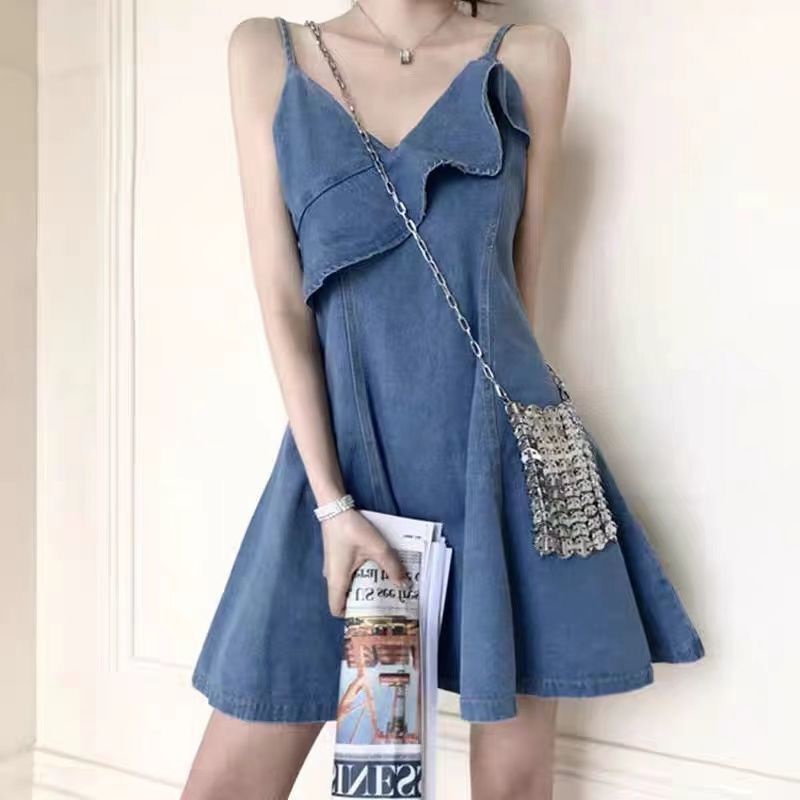 Jiashucheng Tea Break Đầm Denim Hai Dây Nhỏ Nhắn Thanh Lịch Kiểu Pháp Thời Trang Mùa Hè Dành Cho Bạn Nữ