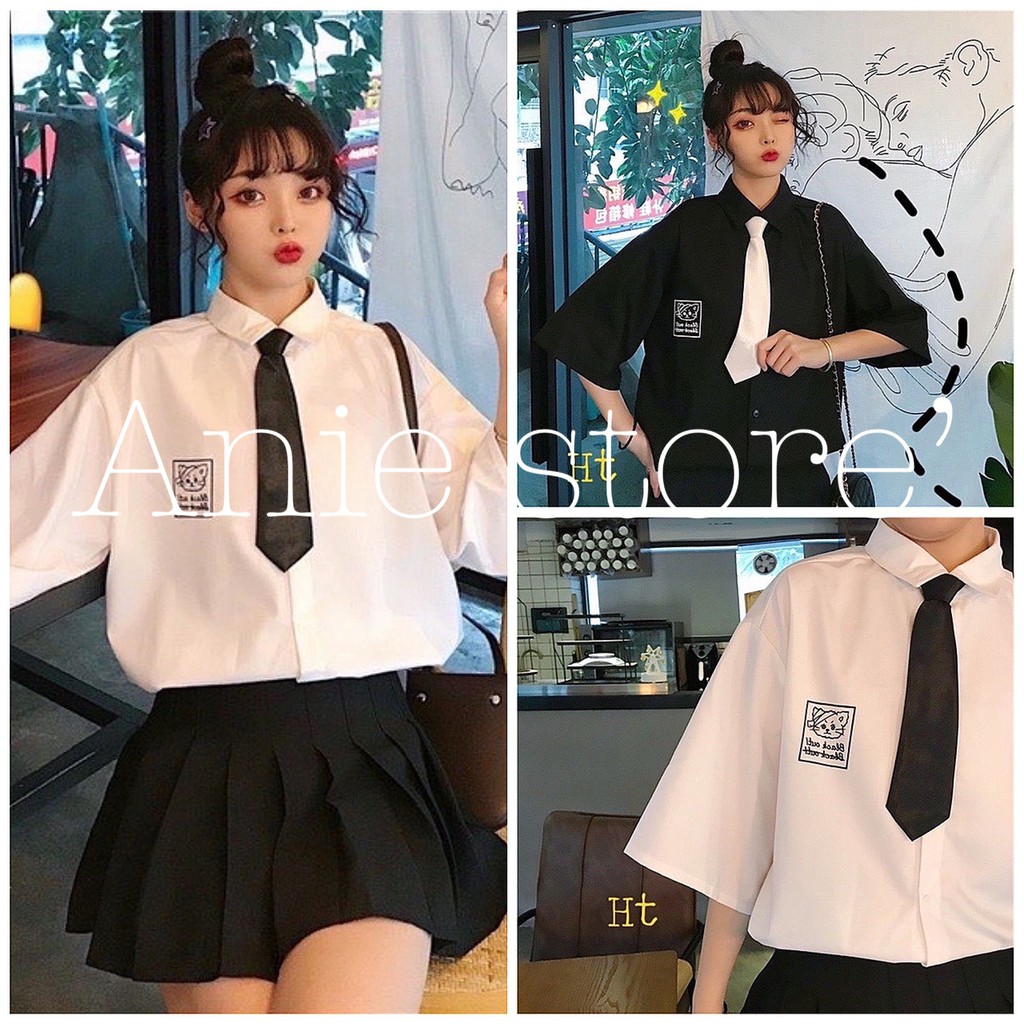 [Mã FAMAYWA giảm 10K đơn 50K] Áo Sơ Mi Mèo Cà Vạt 🦋 Áo Somi Nữ Cộc Tay Dáng Unisex 2 Màu 🦋