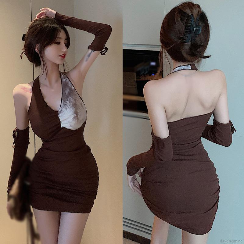 Set Đầm 2 Dây + Găng Tay Hở Lưng Quyến Rũ Cho Nữ