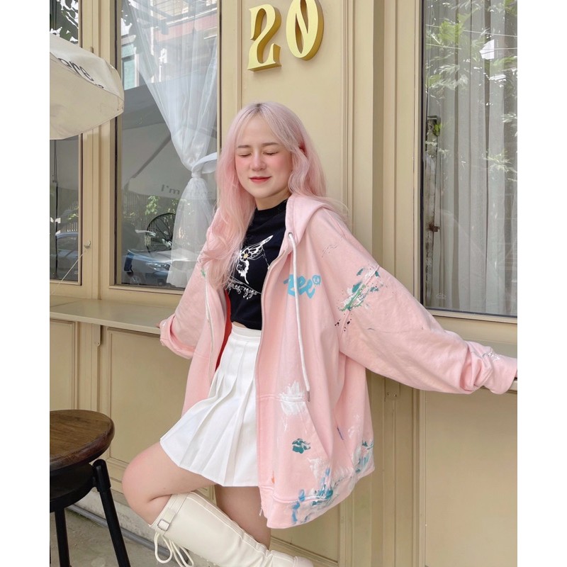 ÁO HOODIE ZIP VẨY SƠN THỦ CÔNG MÀU HỒNG BY REE