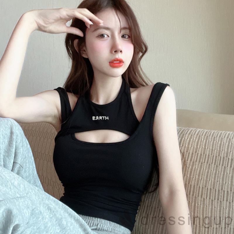 DRE-Women Camisole, Halterneck Backless Hollowed Letters Print Slim Fit Summer Tops