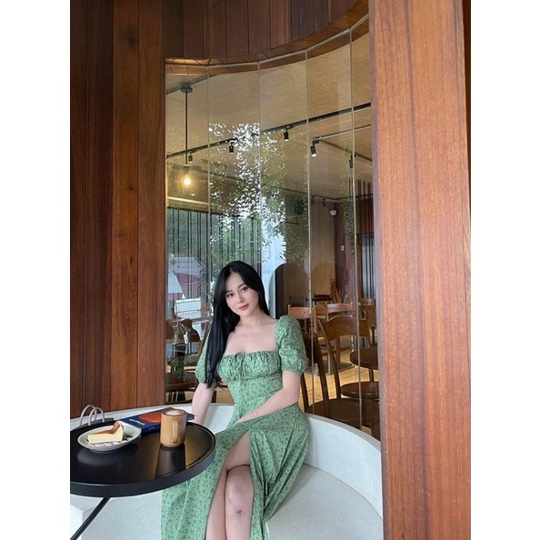 Váy Hoa Xanh nhí Xẻ tà dây rút buộc Ngực, Đầm hoa Tiểu thư