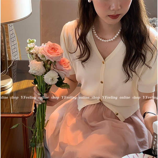 Áo SUXI dệt kim tay ngắn cổ chữ V màu sắc đơn giản dành cho nữ