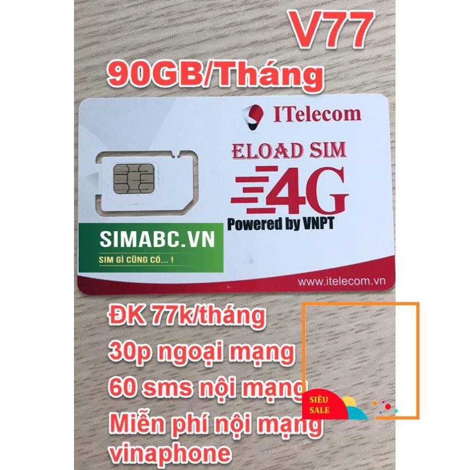 Sim 4G (Vinaphone đã nạp 77k) Itelecom MAY gói 90gb/tháng + 30phút gọi ngoại mạng (Giống sim 4G Vinaphone VD89 Plus)