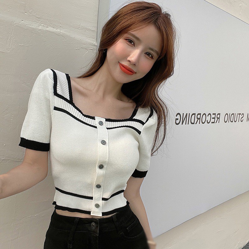 Áo dệt kim tay ngắn cổ vuông phong cách retro Pháp cho nữ